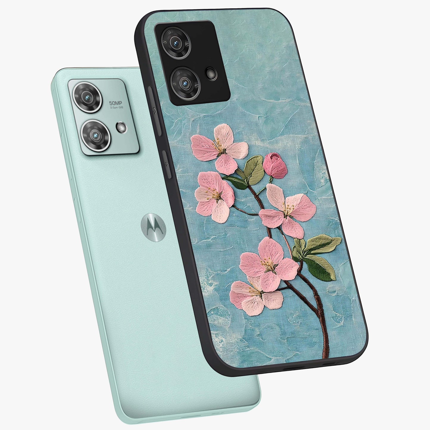 Threaded Blossom Breeze Glass Case displayed in angled mockup highlighting elegant floral design with soft aesthetic style.