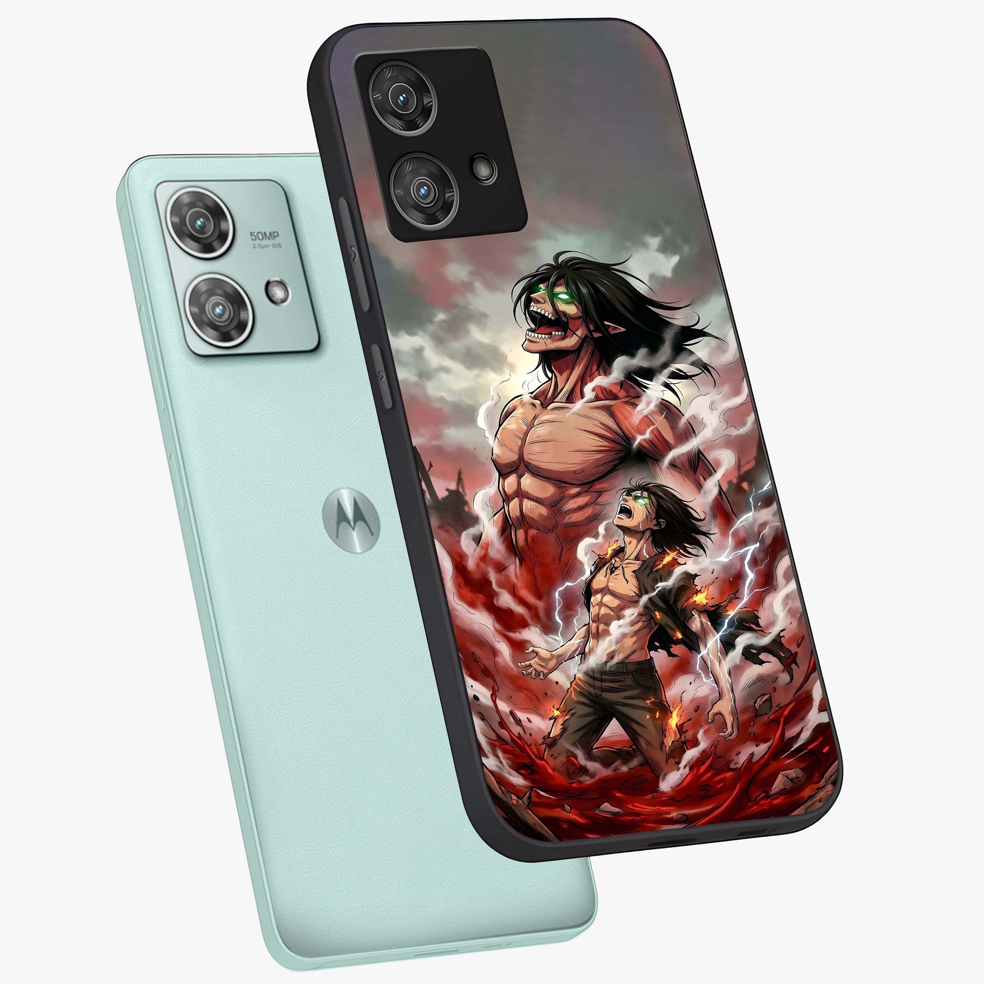 Titan Awakening Fury Glass Case displayed in angled mockup highlighting dramatic giant warrior design with bold anime aesthetic.