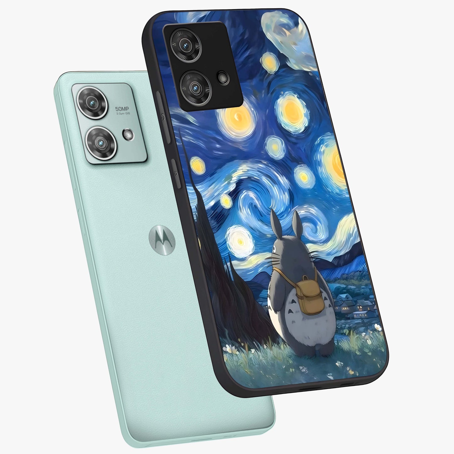 Totoro In Van Gogh Art Glass Case displayed in angled mockup highlighting artistic swirling sky design with playful animation aesthetic.