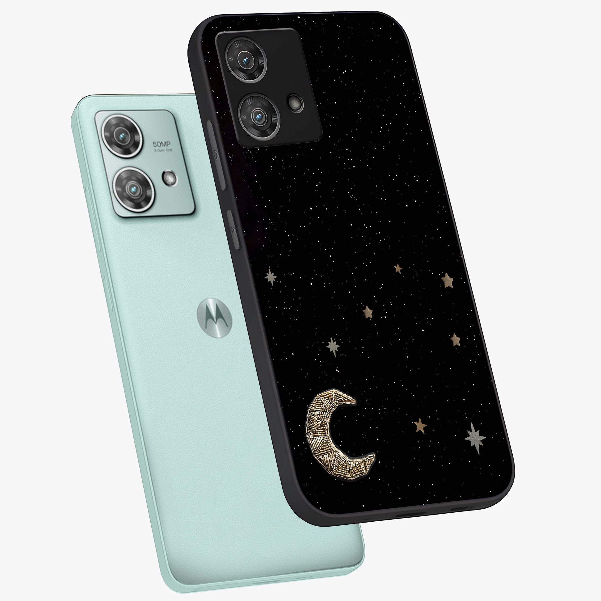 Twinkle Star With Half Moon Glass Case displayed in angled mockup highlighting celestial moon and star design with magical aesthetic.