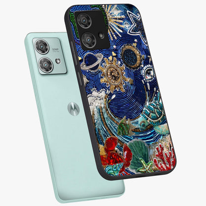 Universe Underwater Spark Glass Case displayed in angled mockup highlighting glowing aquatic design with celestial aesthetic.
