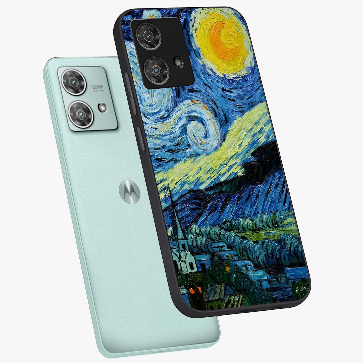Van Gogh Art Glass Case displayed in angled mockup highlighting swirling brushstroke design with artistic aesthetic.