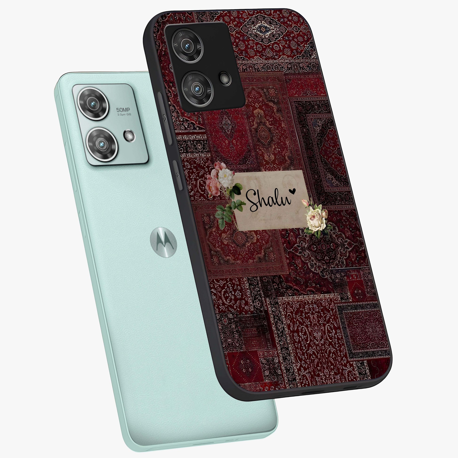 Velvet Wine Pattern Custom Name Glass Case displayed in angled mockup highlighting decorative velvet inspired design with custom name feature.