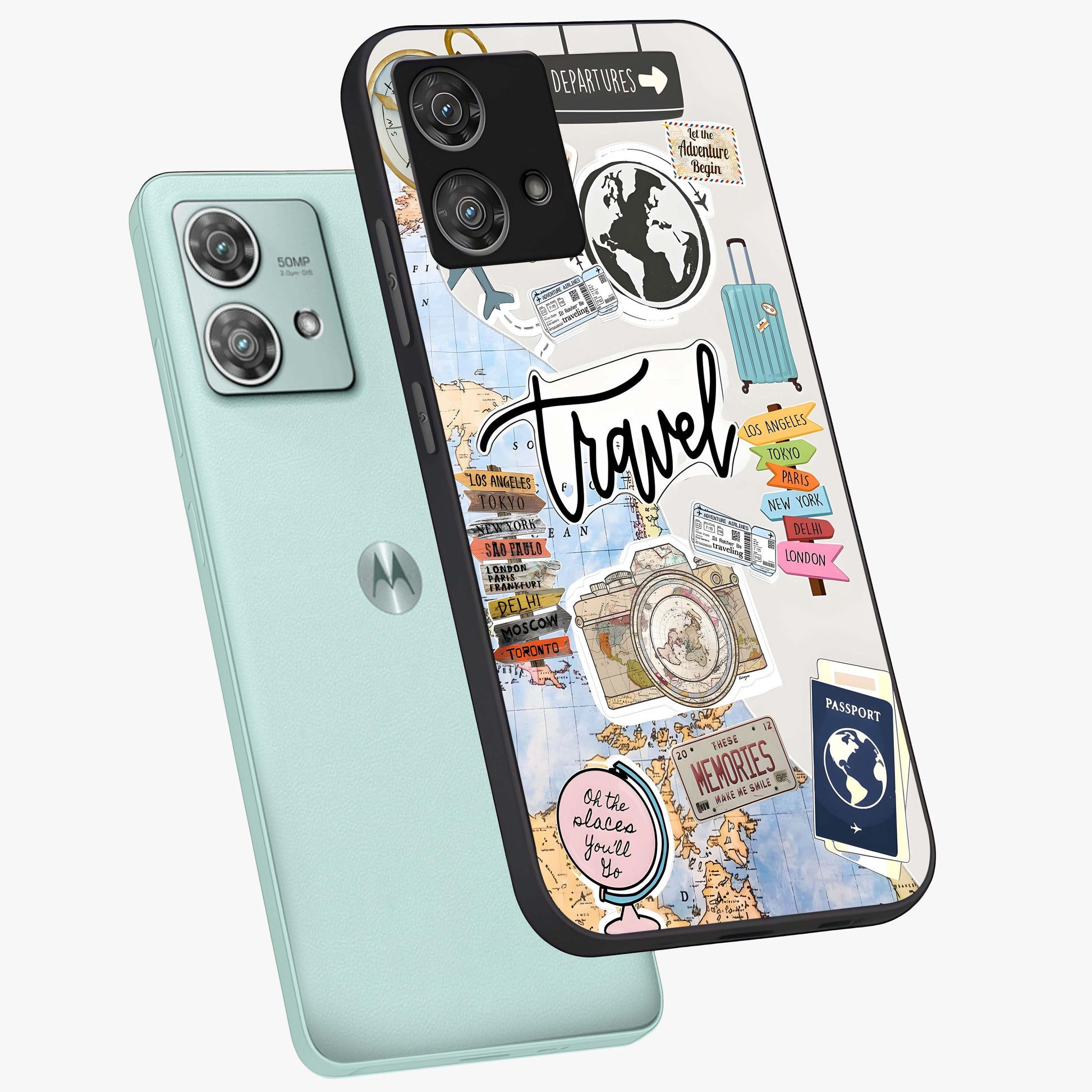 Wanderlust Journal Glass Case displayed in angled mockup highlighting adventure themed design with aesthetic travel vibe.