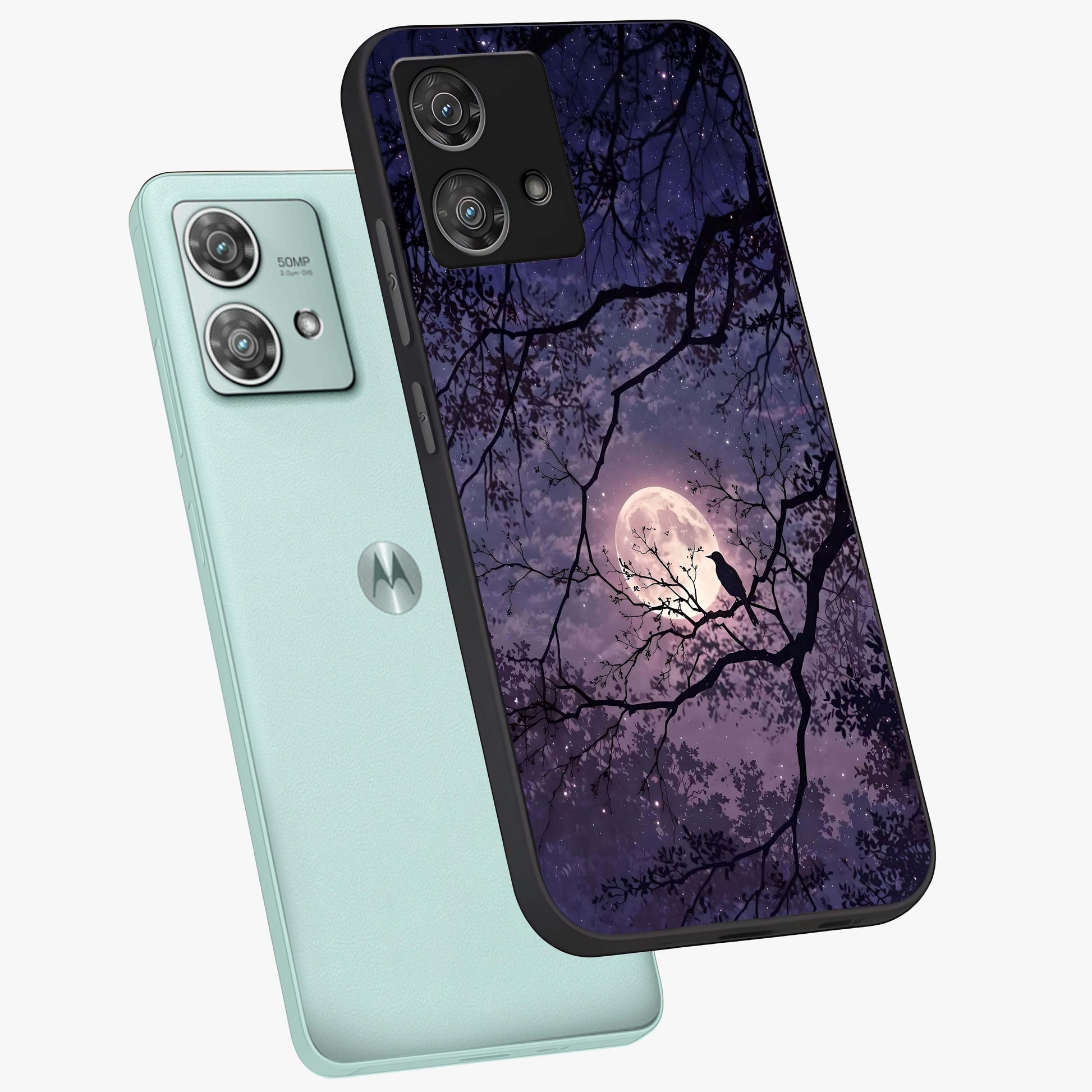 Whispering Moon Silence Glass Case displayed in angled mockup highlighting calm lunar design with dreamy night aesthetic.