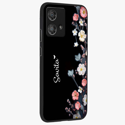 Black Elegance Floral Custom Name Glass Case upright view showcasing luxurious black floral design with personalized name detail.