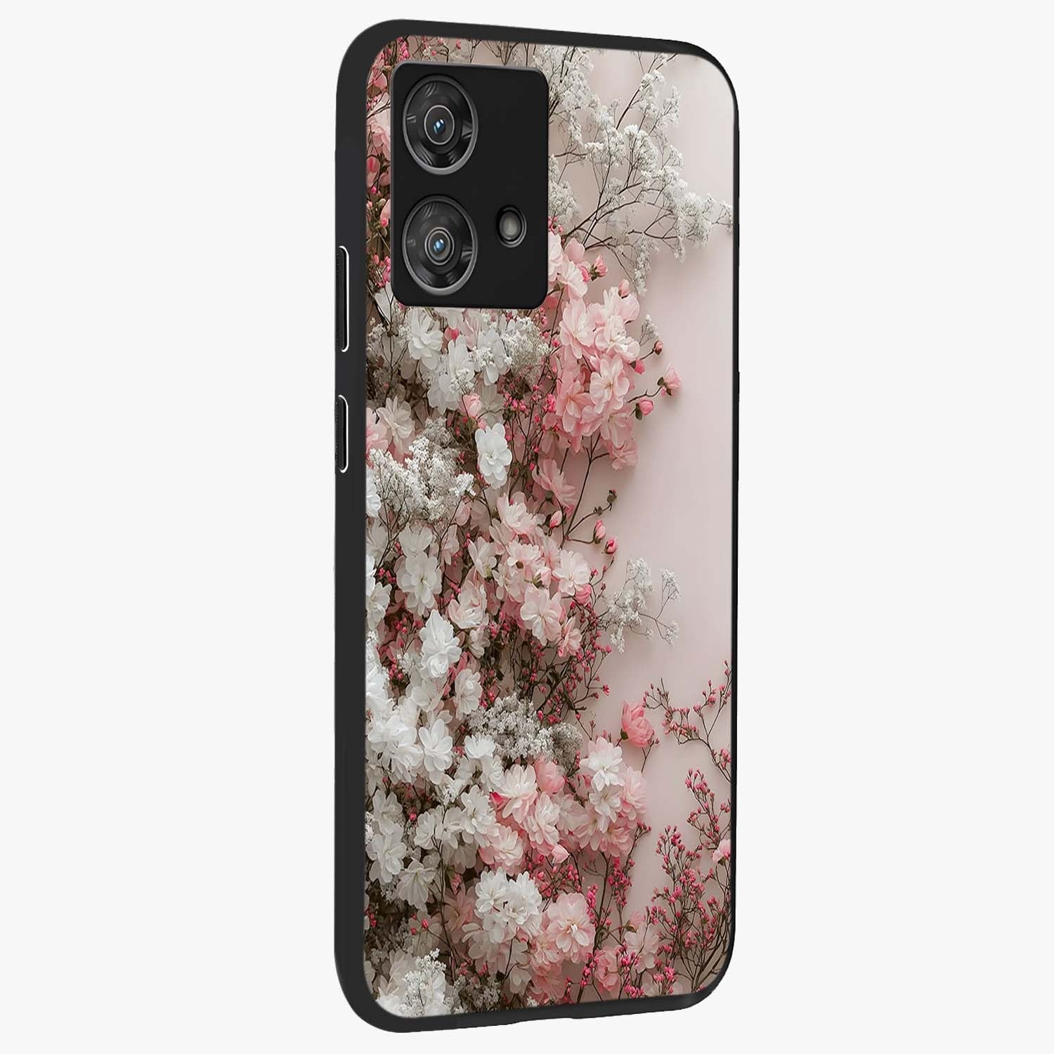 Blush Blossom Cloud Glass Case upright view showcasing calm floral cloud artwork with gentle dreamy theme.