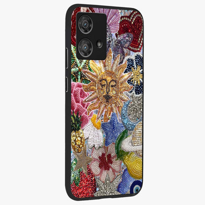 Celestial Floral and Playful Glass Case upright view showcasing whimsical floral artwork with cosmic aesthetic theme.