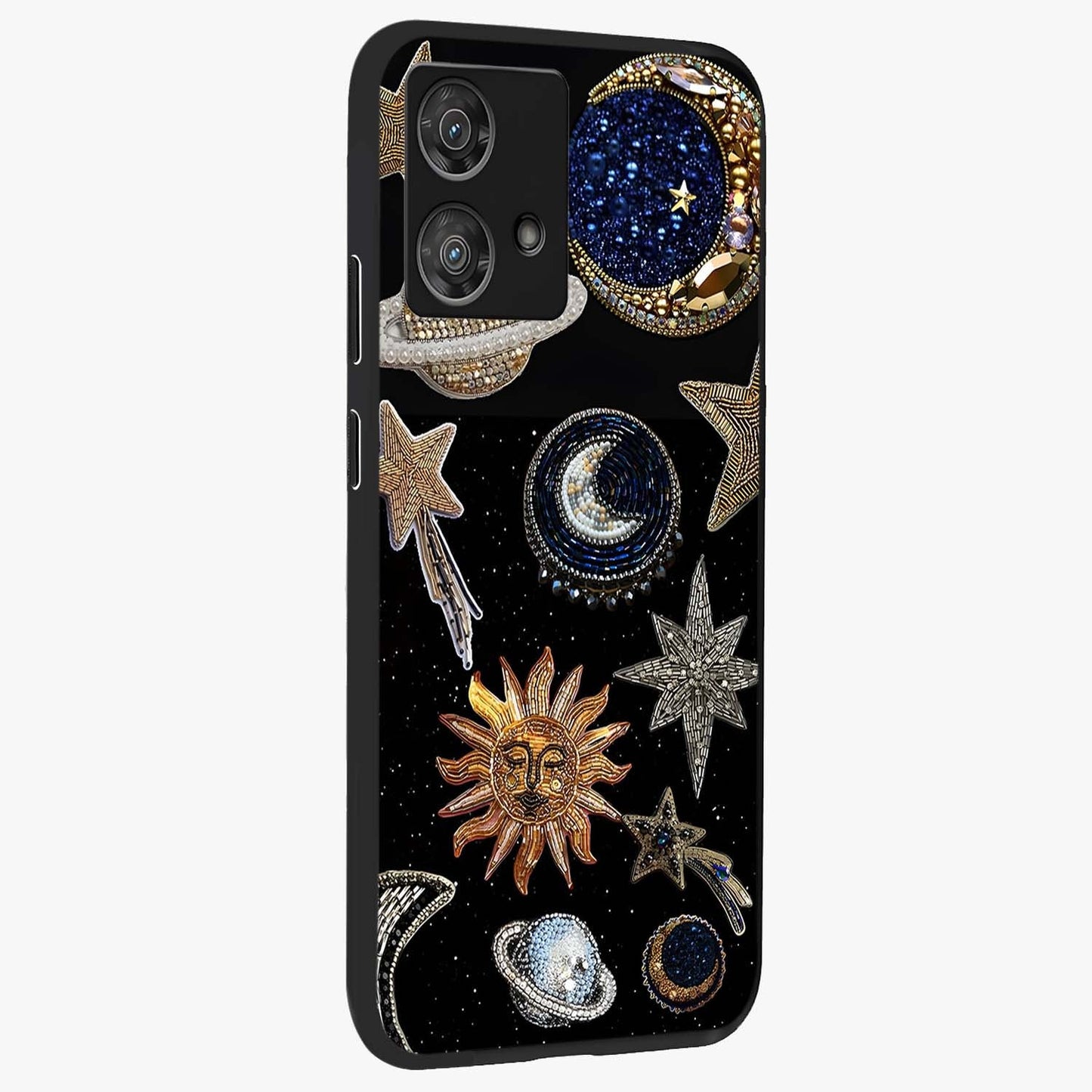 Celestial Gem Constellations Glass Case upright view showcasing cosmic constellation artwork with celestial aesthetic style.