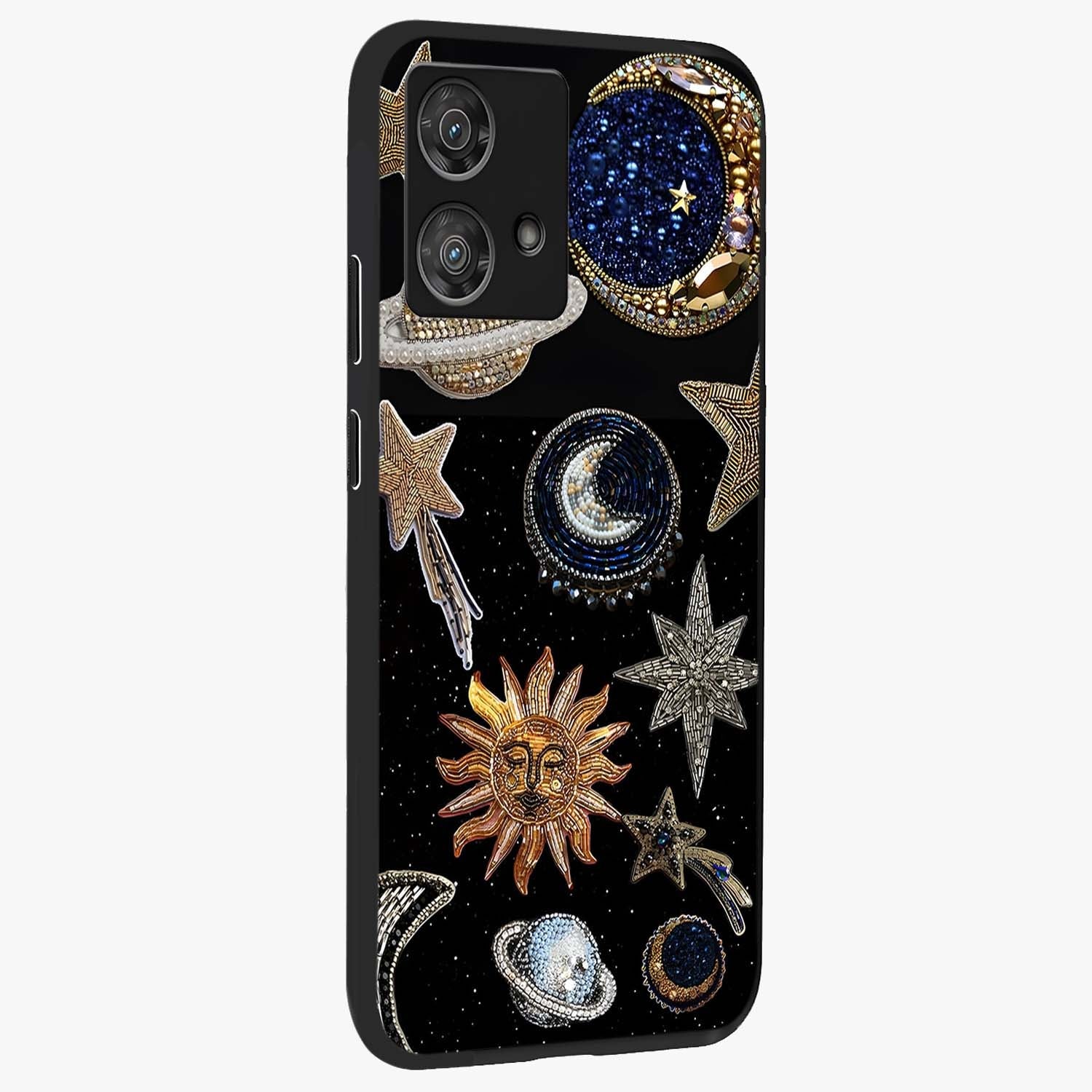 Celestial Gem Constellations Glass Case upright view showcasing cosmic constellation artwork with celestial aesthetic style.