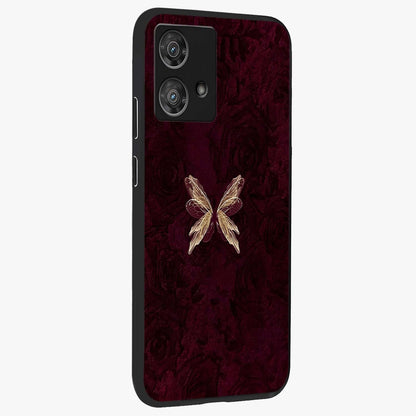 Crimson Fade Butterfly Glass Case upright view showcasing graceful butterfly artwork with soft crimson fade effect.