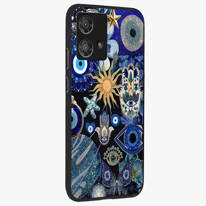 Evil Eye Charm Mix Glass Case upright view showcasing mystical evil eye pattern with vibrant decorative style.