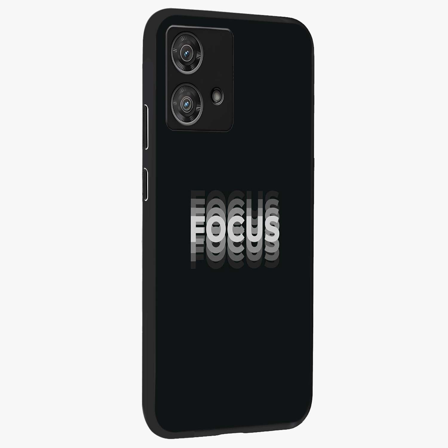 Focus Mode On Glass Case upright view showcasing strong typography statement with sleek motivational theme.