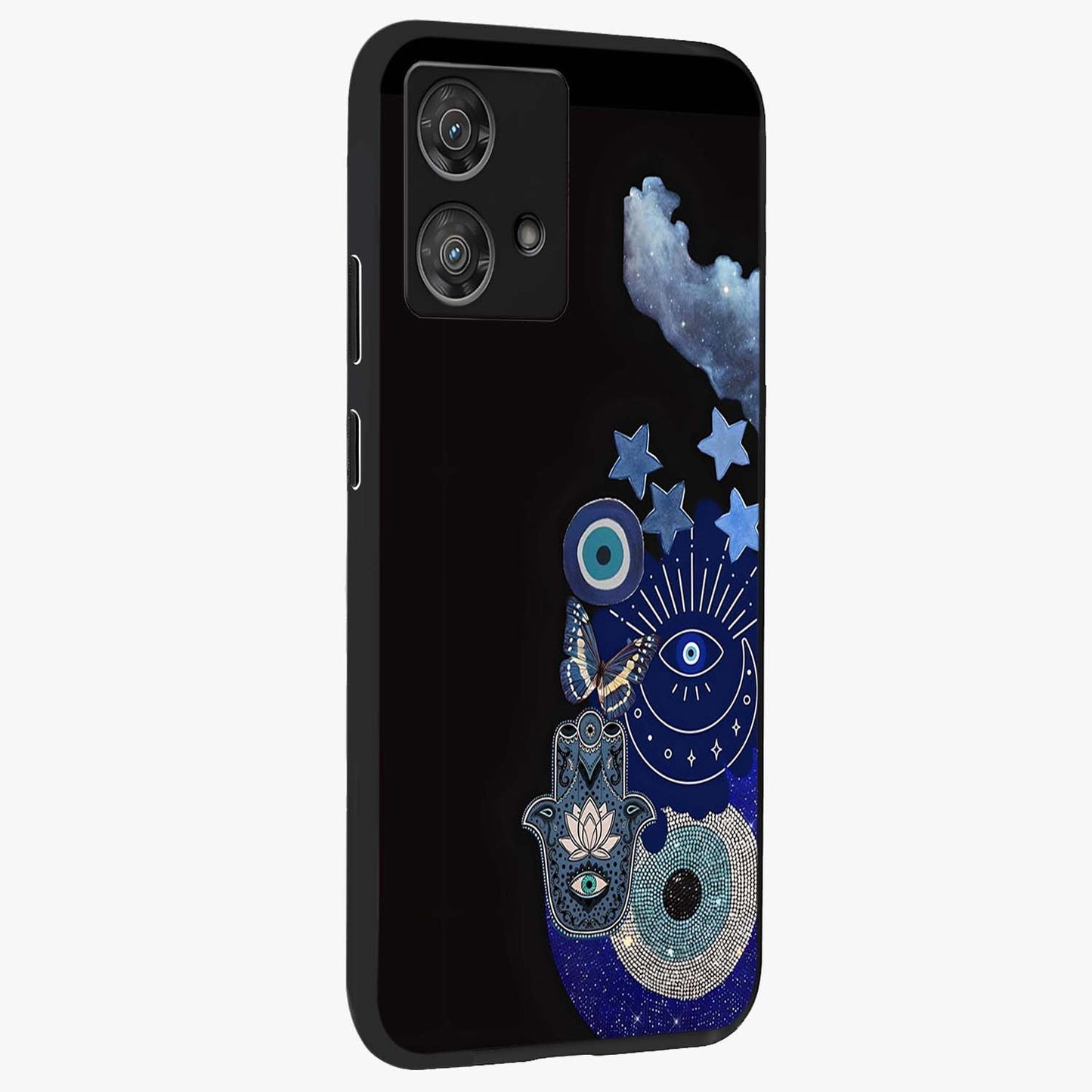 Galactic Charm Cluster Glass Case upright view showcasing glowing cosmic charm artwork with magical celestial style.
