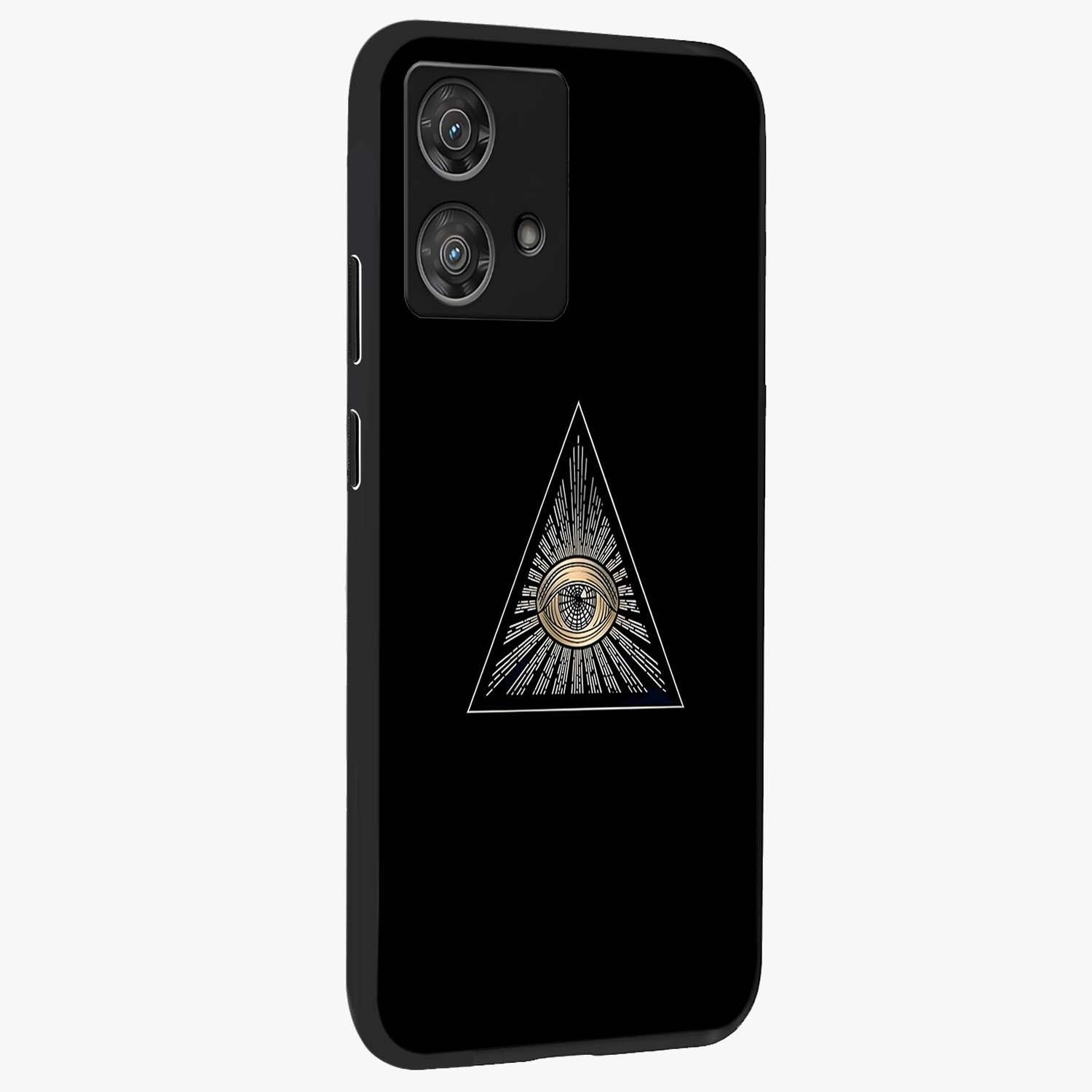 Illuminati Evil Glass Case upright view showcasing striking illuminati artwork with mysterious symbolic theme.