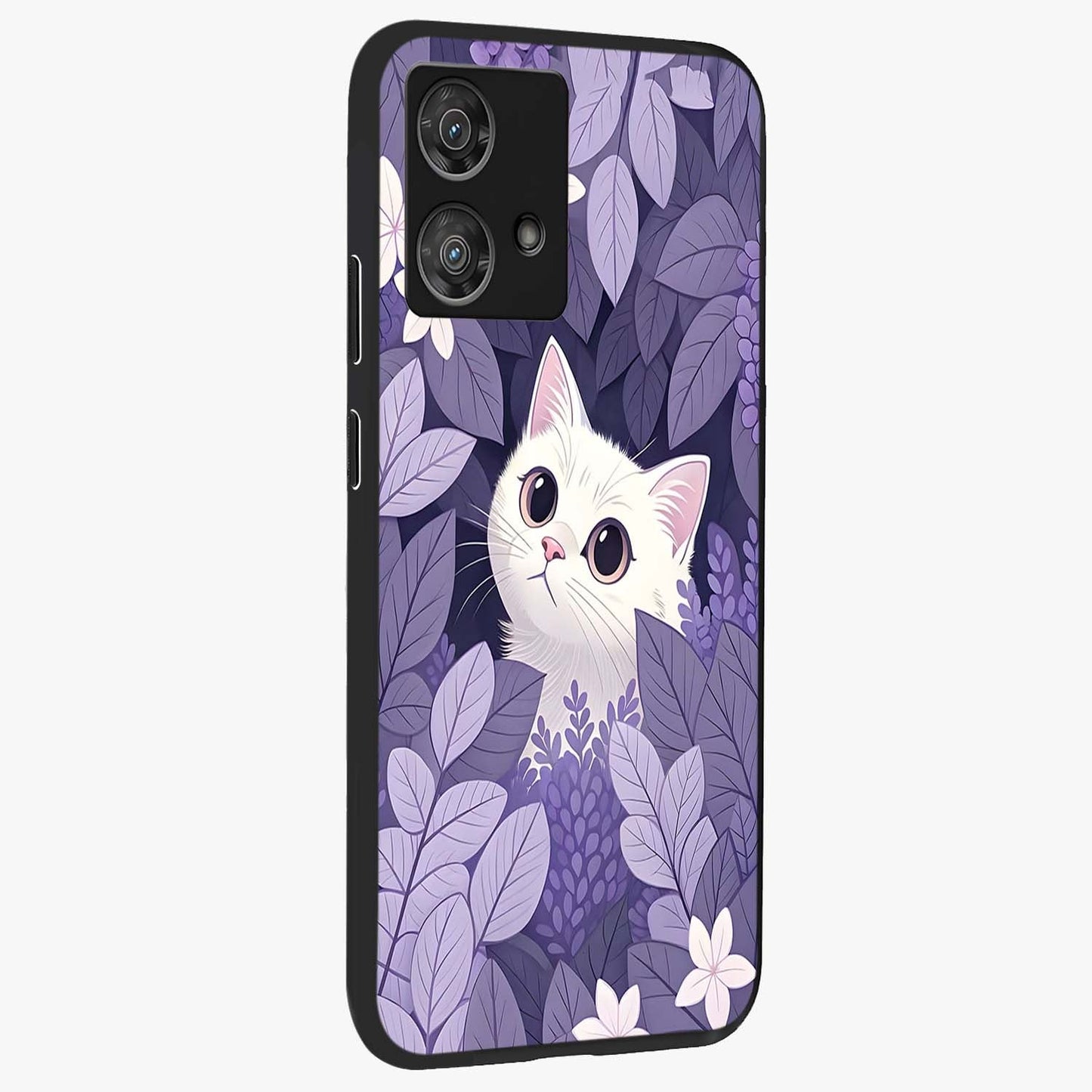 Lilac Hide Peek Cat Glass Case upright view showcasing charming cat artwork with adorable peek theme.