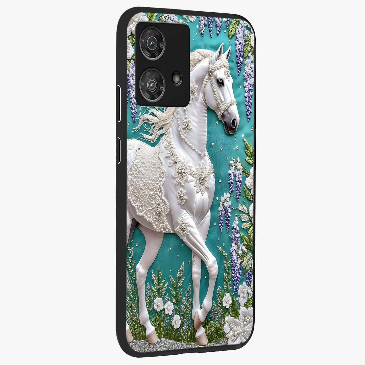 Majestic Floral Stallion Glass Case upright view showcasing dramatic horse artwork with decorative floral theme.