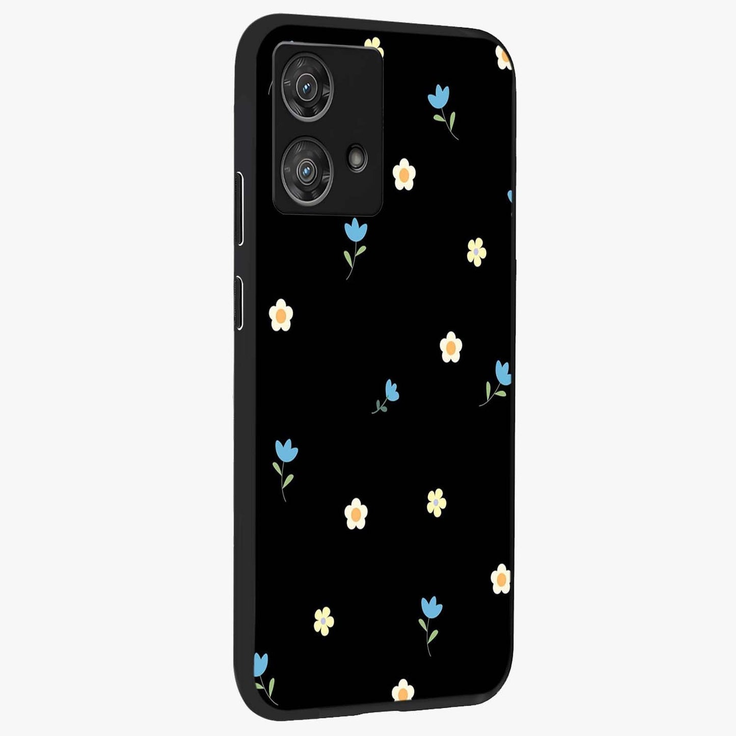 Minimal Petal Whispers Glass Case upright view showcasing elegant floral artwork with modern minimalist style.