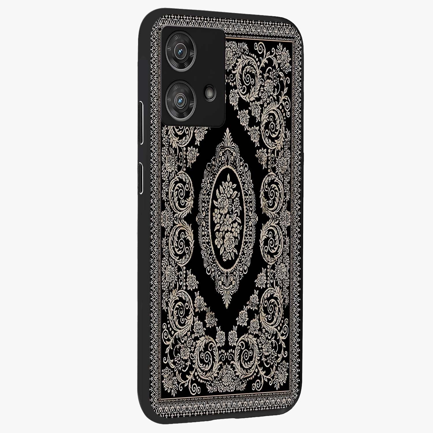 Noir Bloom Elegance Glass Case upright view showcasing graceful floral artwork with luxurious dark theme.