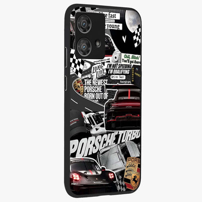 Porsche Racing Collage Glass Case upright view showcasing energetic car collage artwork with high speed racing theme.