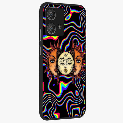 Psychedelic Sun Glass Case upright view showcasing trippy sun artwork with bold psychedelic theme.