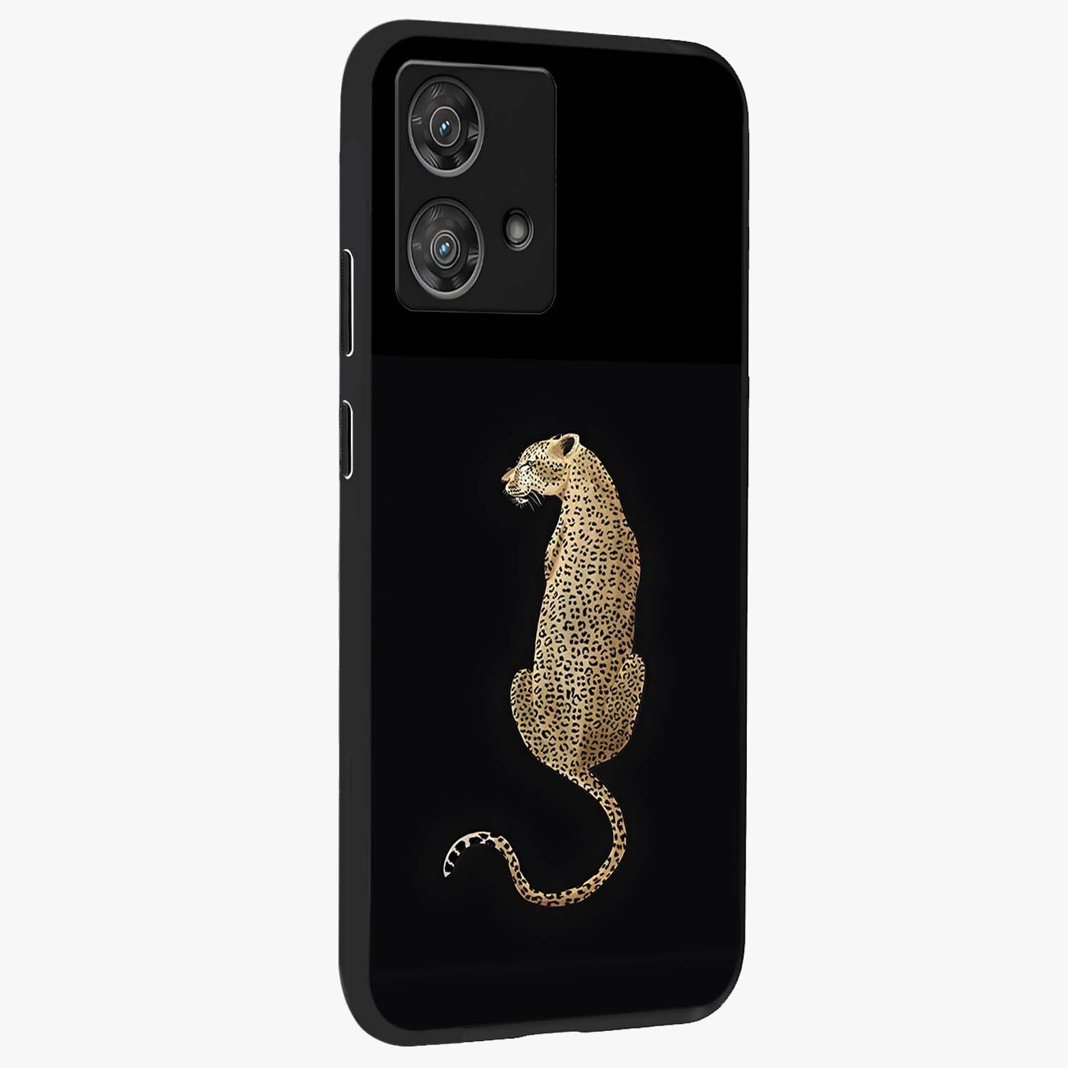 Regal Leopard Glass Case upright view showcasing striking leopard artwork with fierce wildlife theme.