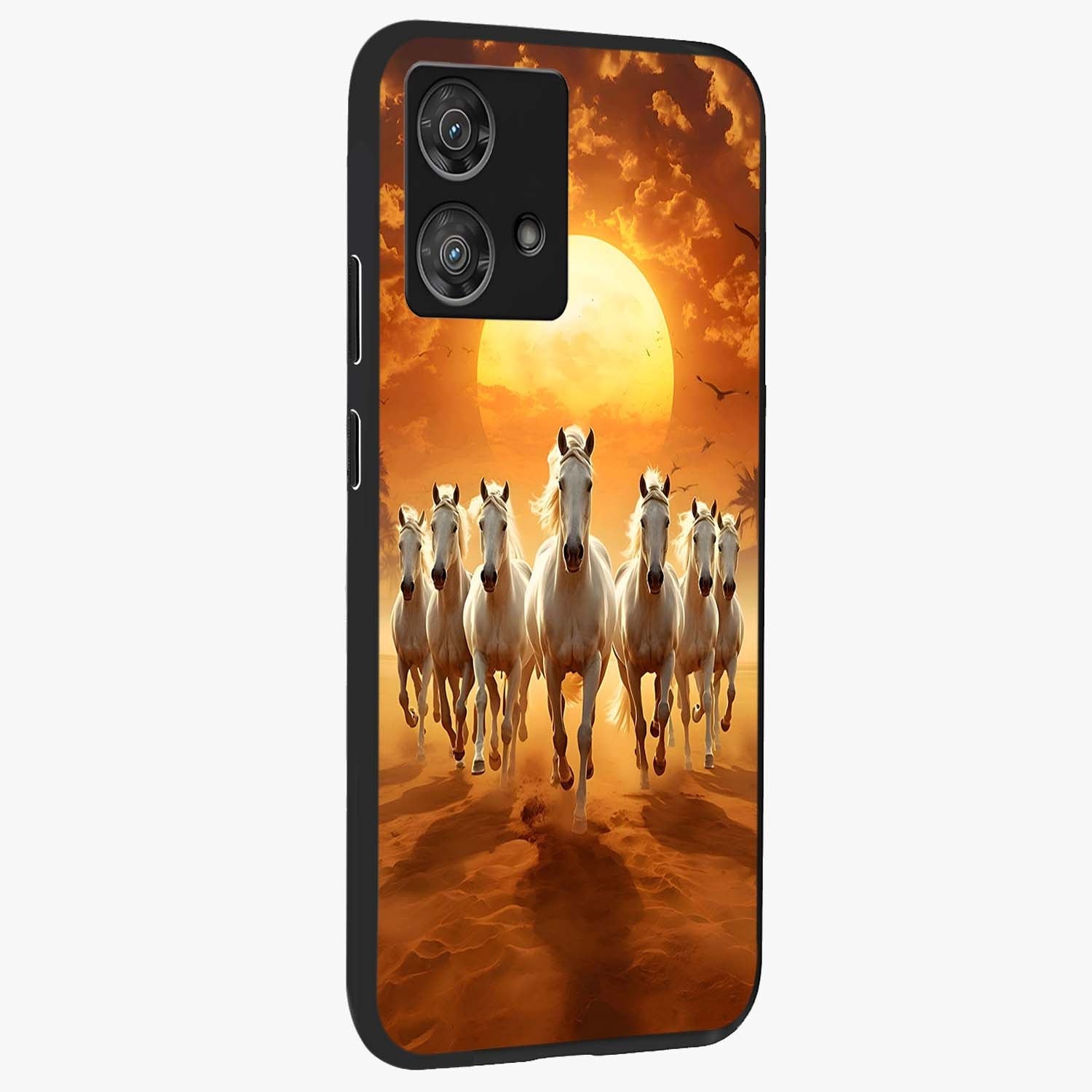 Wild Sunset Majesty Glass Case upright view showcasing dramatic sunset artwork with bold nature theme.