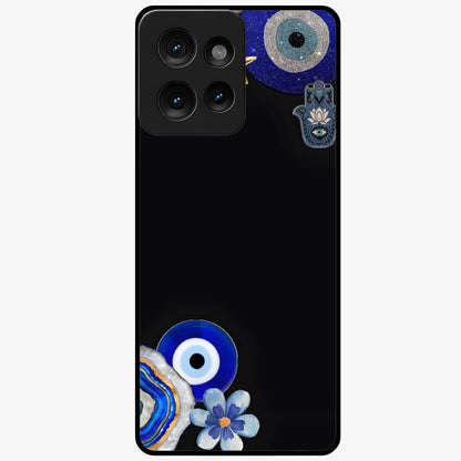 Aesthetic Blue Evil Eye Glass Case showing flat back view with protective evil eye artwork and glossy glass finish.