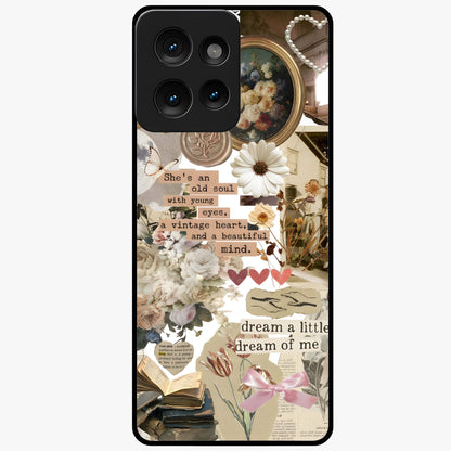 Aesthetic Brown Vintage Collage Glass Case showing flat back view with retro collage artwork and glossy glass finish.