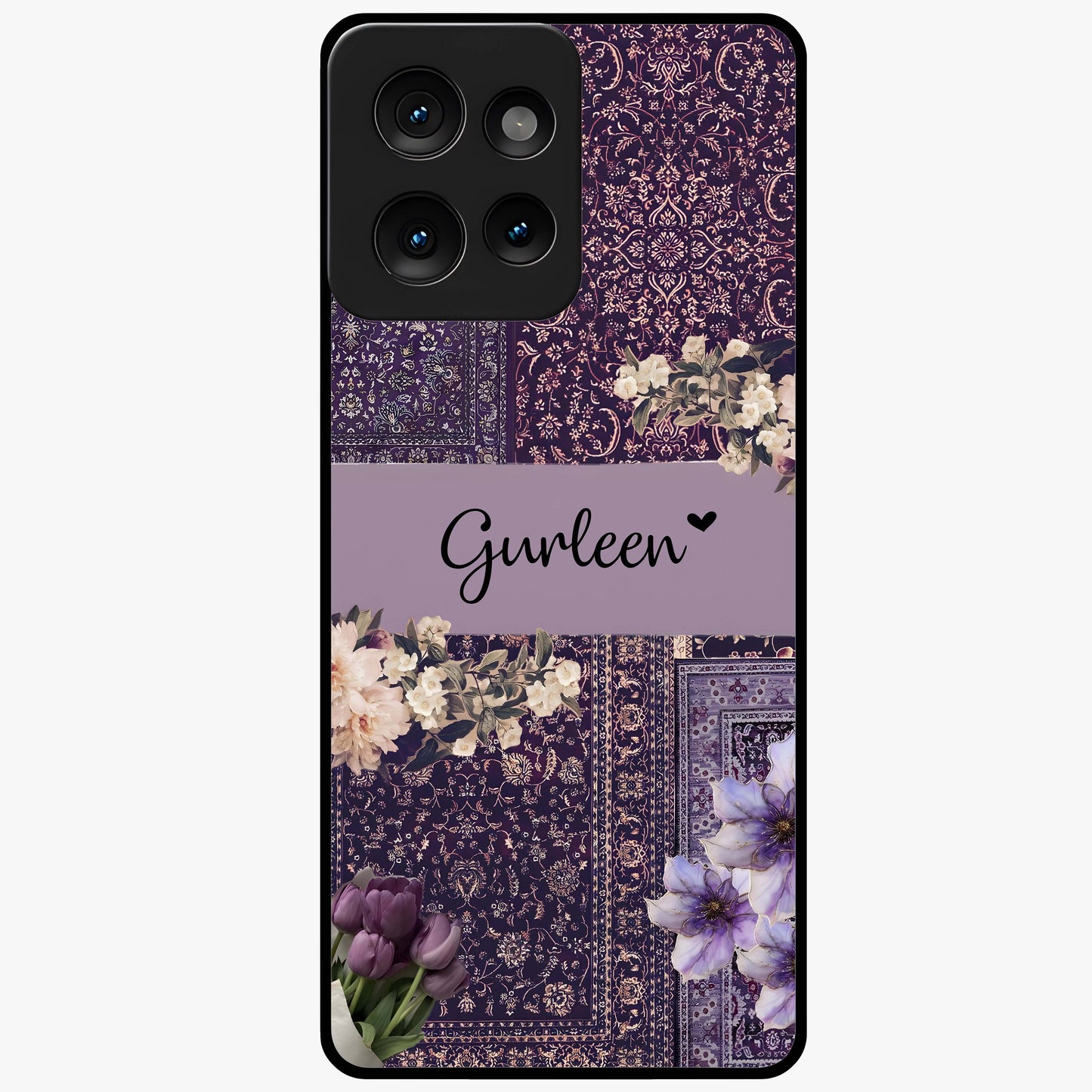 Antique Floral Whisper Custom Name Glass Case showing flat back view with vintage floral artwork and personalized name design.