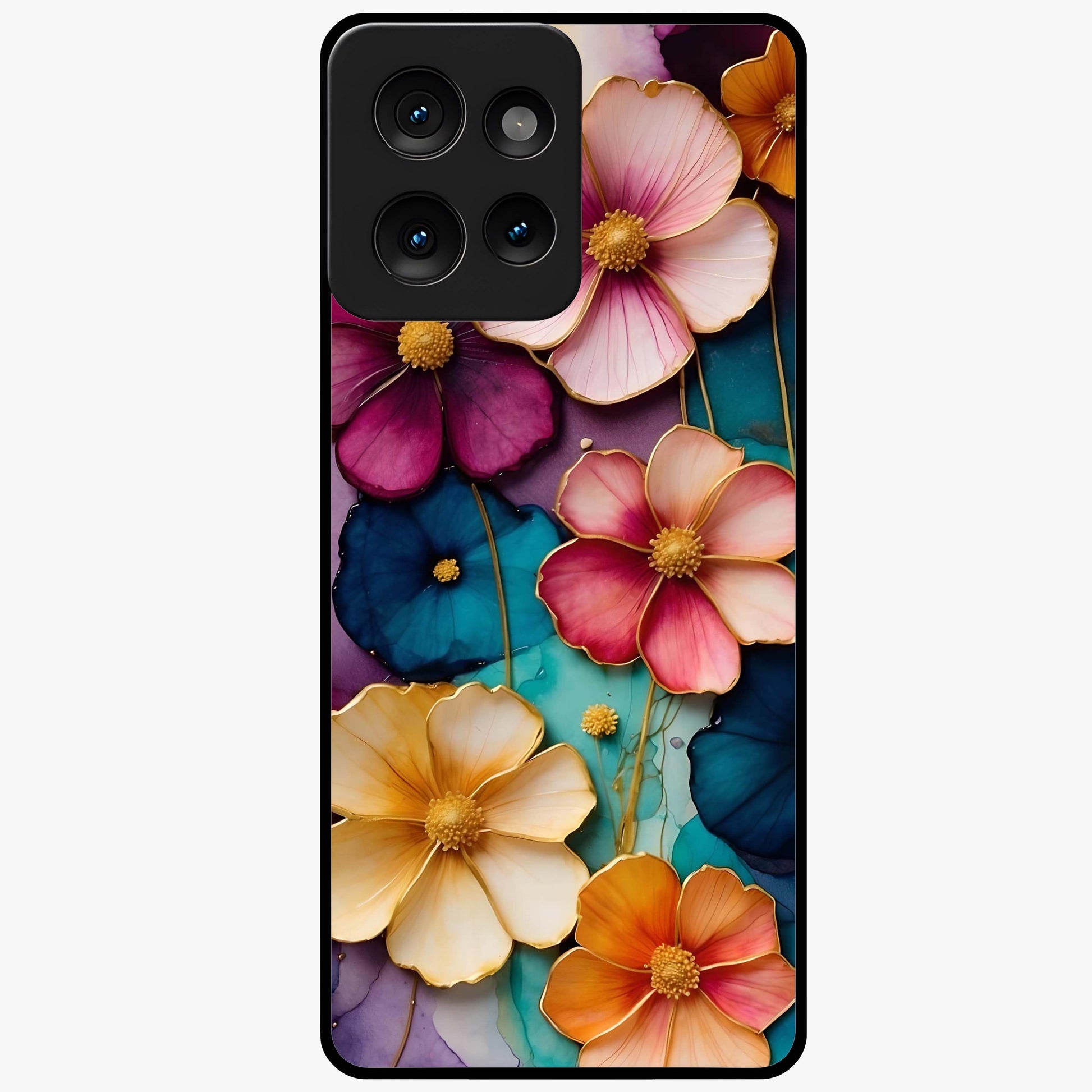 Artlyn Grace Flower Pattern Glass Case showing flat back view with elegant floral pattern artwork and glossy glass finish.