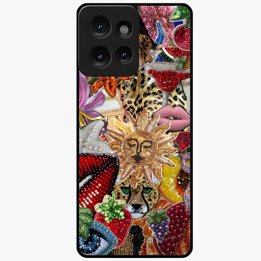 Beaded Fashion Jungle Glass Case showing flat back view with vibrant jungle inspired bead artwork and glossy glass finish.