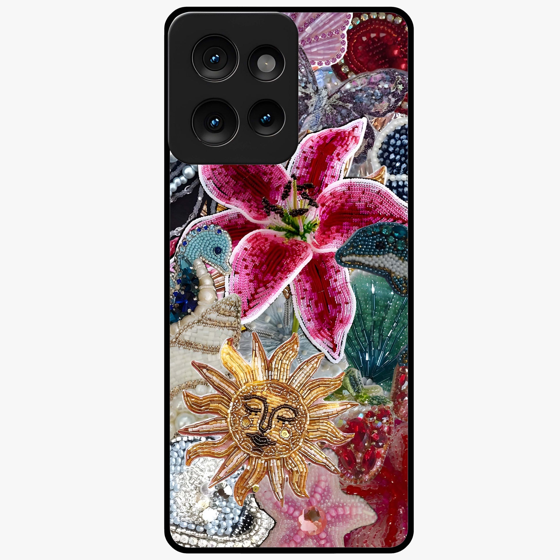 Beaded Garden Fantasy Glass Case showing flat back view with dreamy garden bead artwork and glossy glass finish.