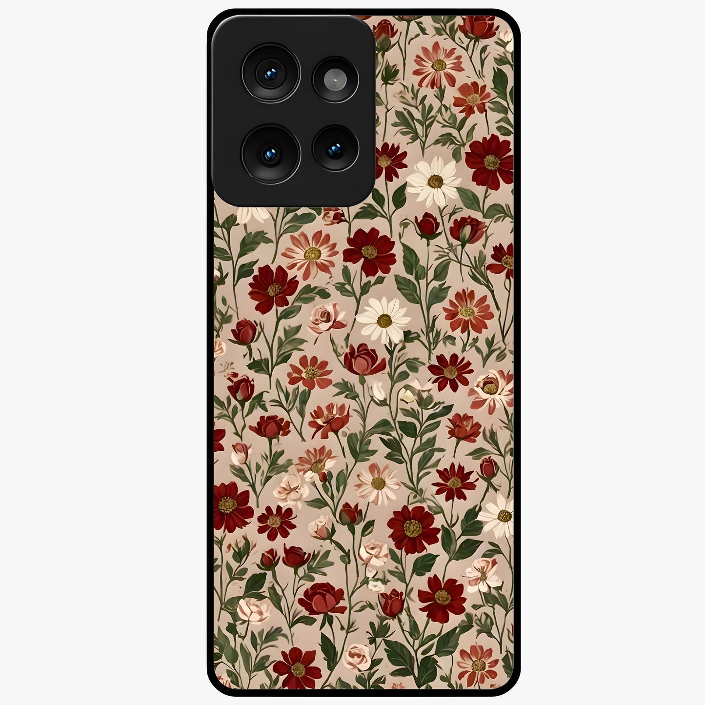 Biege Flower With Leaf Glass Case showing flat back view with soft beige floral artwork and glossy glass finish.