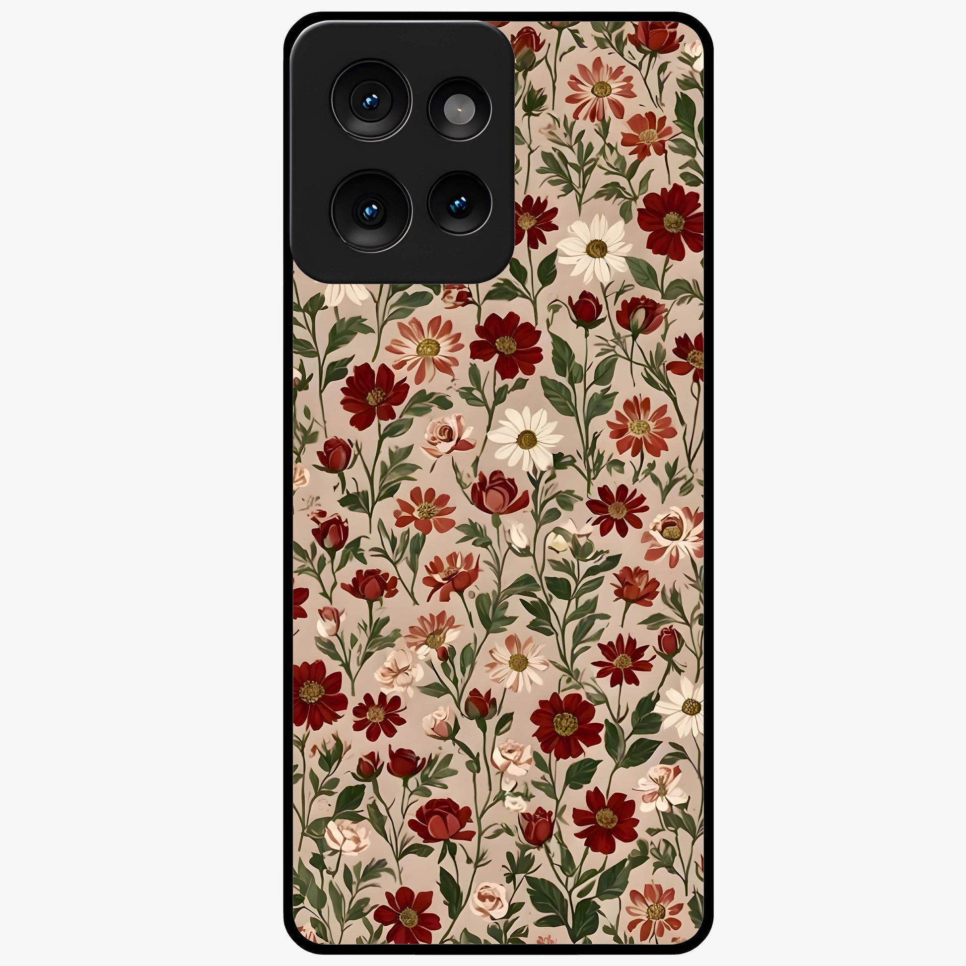 Biege Flower With Leaf Glass Case showing flat back view with soft beige floral artwork and glossy glass finish.