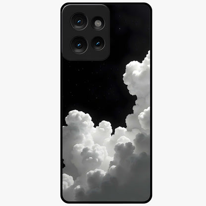 Black Background With White Cloud Glass Case showing flat back view with minimal cloud artwork on dark background and glossy glass finish.