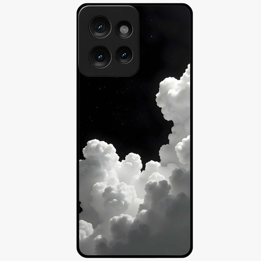 Black Background With White Cloud Glass Case showing flat back view with minimal cloud artwork on dark background and glossy glass finish.
