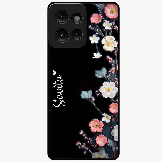 Black Elegance Floral Custom Name Glass Case showing flat back view with elegant floral artwork and personalized name design.
