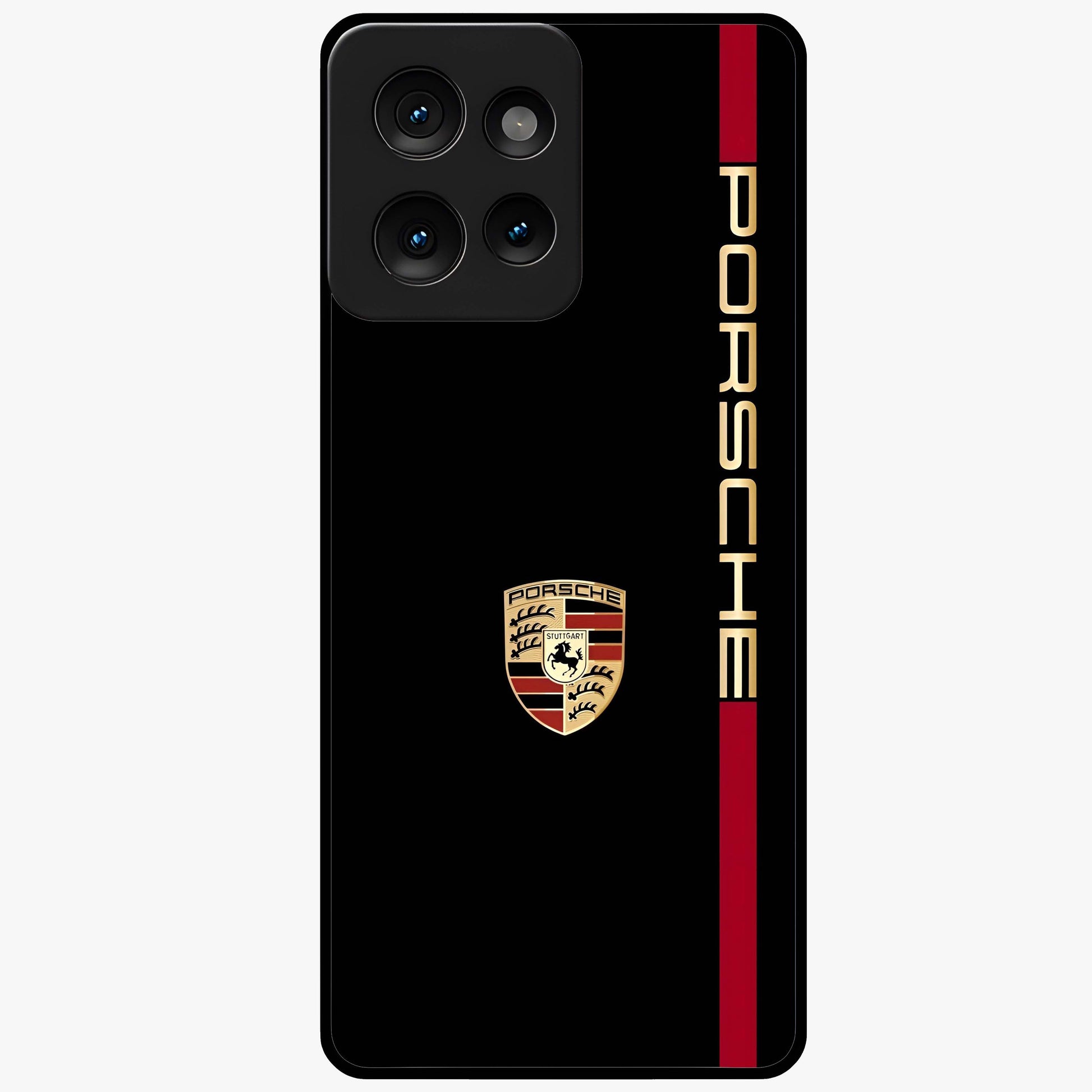 Black Minimal Porsche Glass Case showing flat back view with sleek minimal sports car artwork and glossy glass finish.