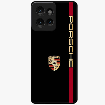 Black Minimal Porsche Glass Case showing flat back view with sleek minimal sports car artwork and glossy glass finish.