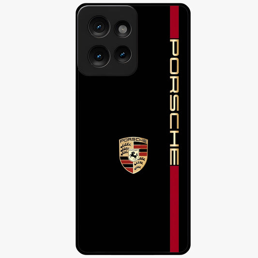 Black Minimal Porsche Glass Case showing flat back view with sleek minimal sports car artwork and glossy glass finish.