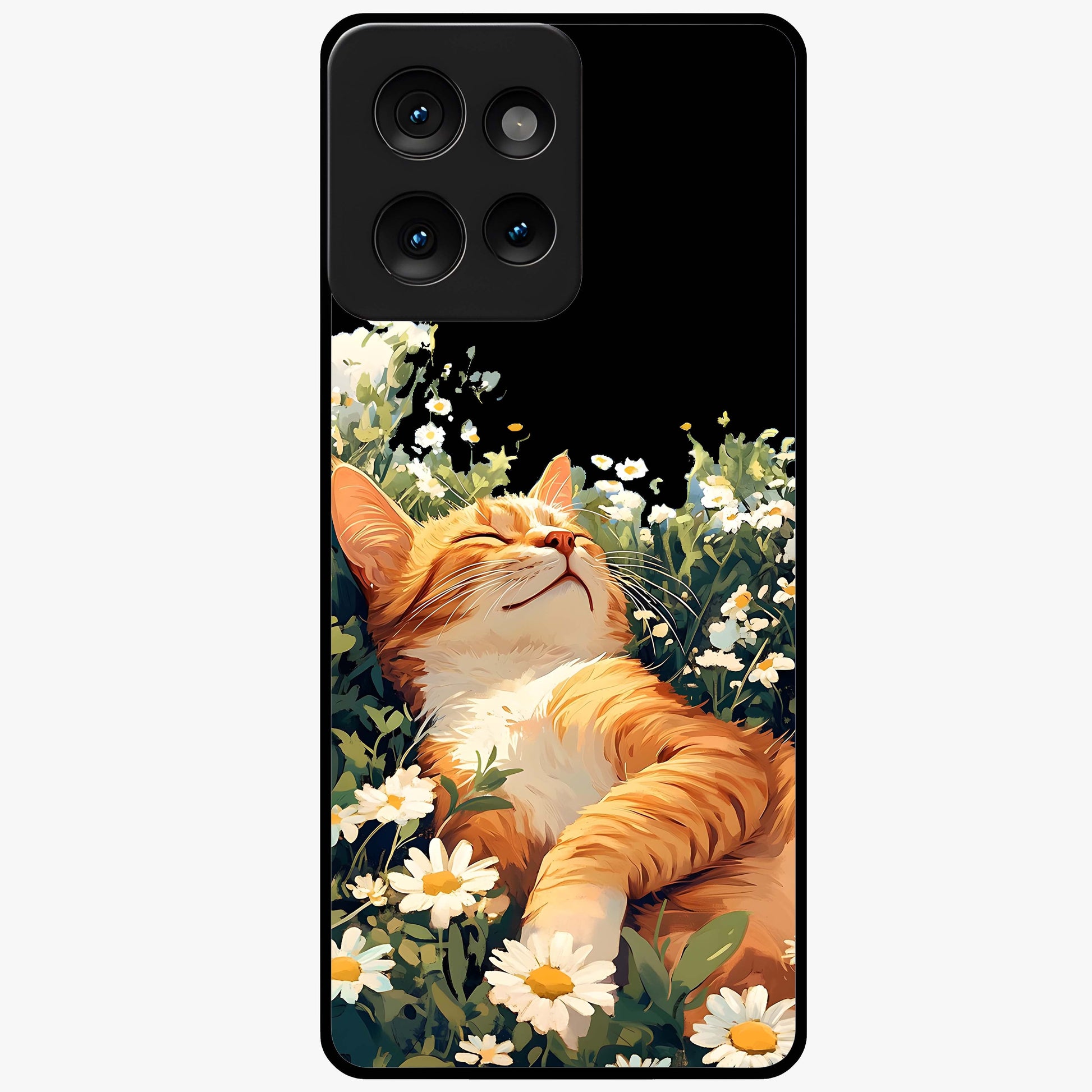 Blissful Bloom Cat Glass Case showing flat back view with cute cat and floral bloom artwork and glossy glass finish.