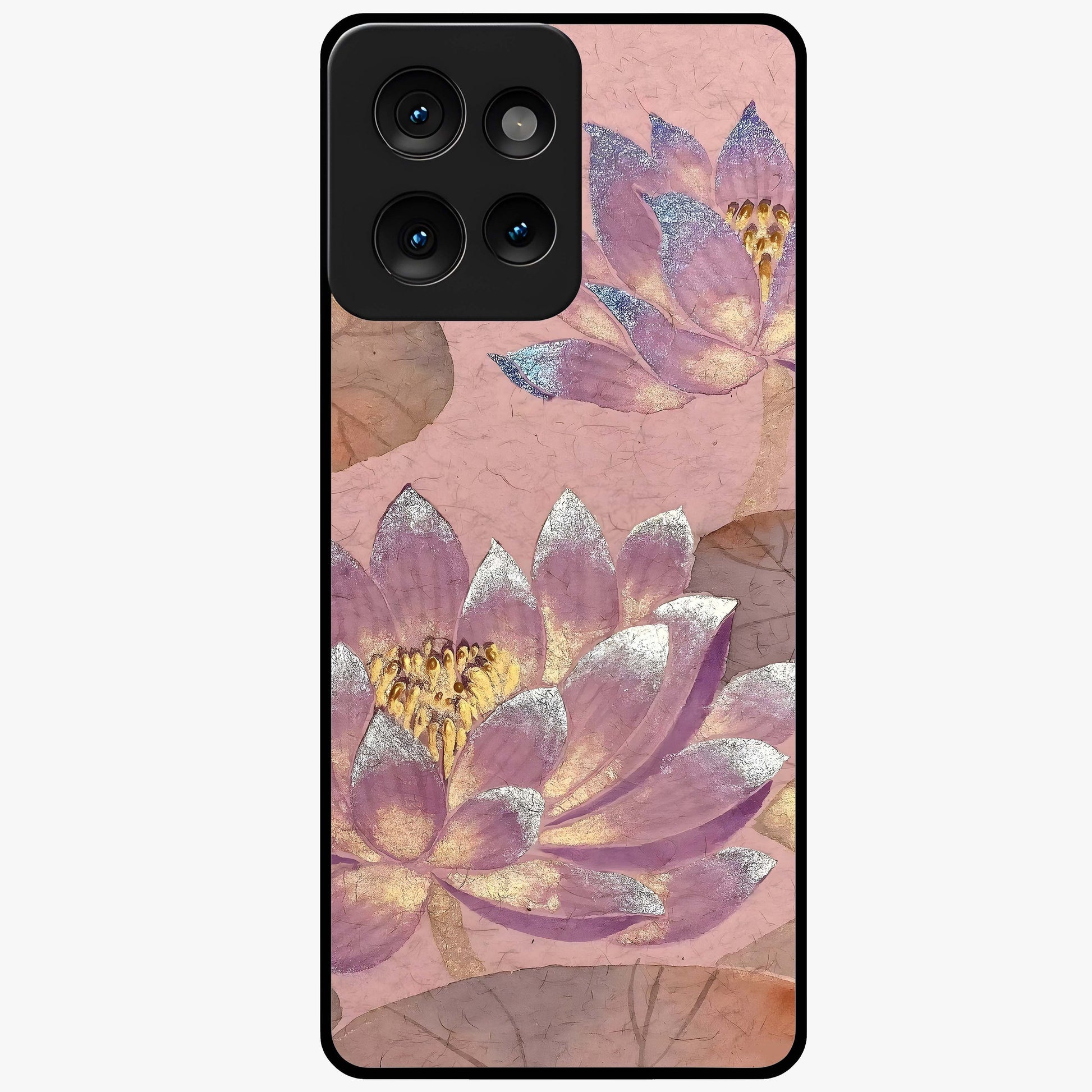 Blossom Mist Lotus Glass Case showing flat back view with serene lotus blossom artwork and glossy glass finish.