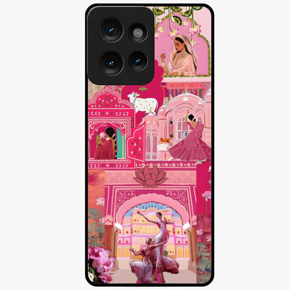 Blossoms of Rajasthan Glass Case showing flat back view with traditional floral artwork inspired by Rajasthan and glossy glass finish.