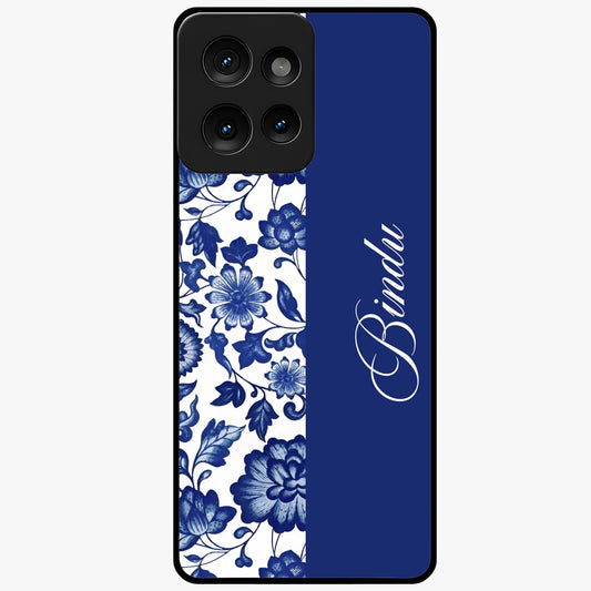 Blue Vintage Floral Pattern Glass Case upright view showcasing timeless floral illustration with vintage inspired style.