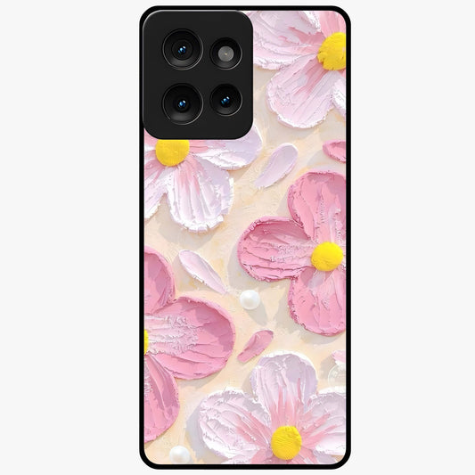 Blush Bloom Texture Glass Case showing flat back view with soft blush floral texture artwork and glossy glass finish.