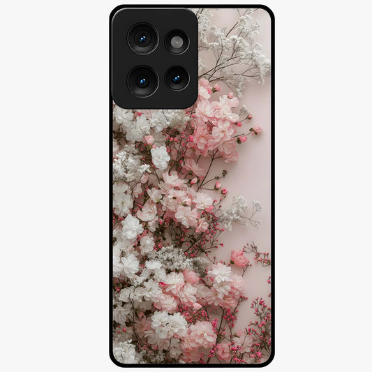 Blush Blossom Cloud Glass Case showing flat back view with dreamy blush cloud blossom artwork and glossy glass finish.