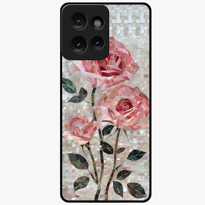 Blush Mosaic Bloom Glass Case showing flat back view with mosaic floral bloom artwork and glossy glass finish.