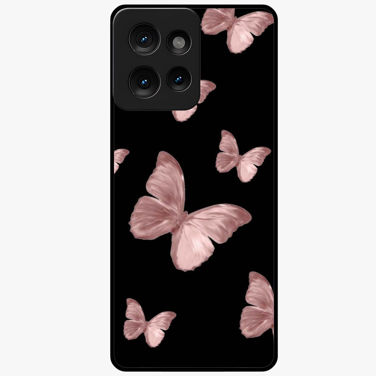 Butterfly Pattern Glass Case showing flat back view with elegant butterfly pattern artwork and glossy glass finish.