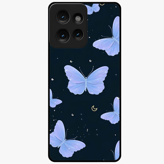 Butterfly With Stars Pattern Glass Case showing flat back view with butterfly and star pattern artwork and glossy glass finish.